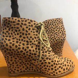 Leopard pony hair lace up wedge bootie
